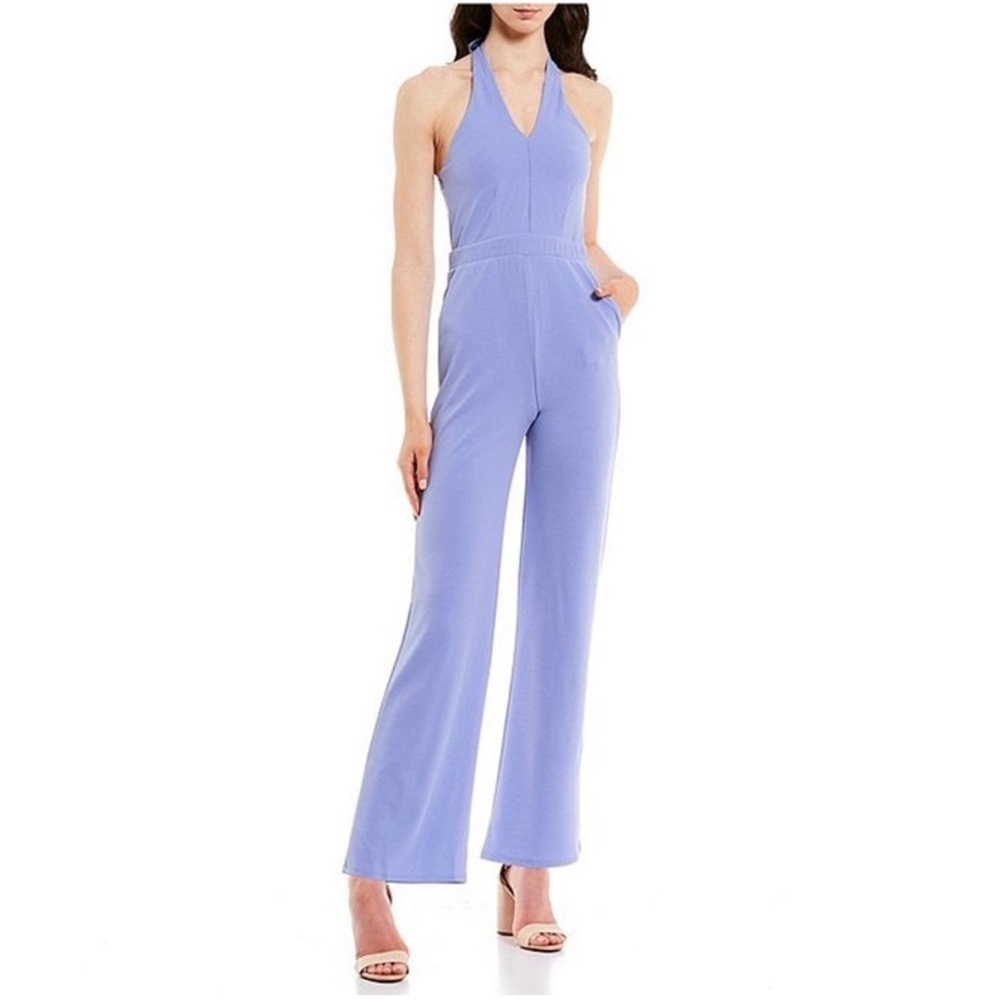 Moa Moa Cross Front Halter Jumpsuit NWT Deep Periwinkle Smocked Back Wide Leg Po